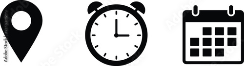 Black Outline Icons, Location Pin, Alarm Clock Symbol, Calendar Graphic, Time and Date Icons, Minimalist Interface, Flat Design, Isolated Vector, Printable Layout