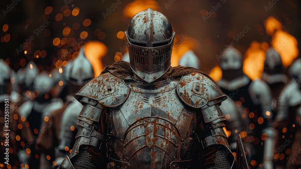 Fototapeta premium Knight in full rusted plate armor stands before an army. Sparks fly; ominous mood