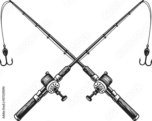 Vintage crossed fishing rods illustration, classic angling equipment, sport fishing gear, outdoor adventure tools, retro hobby emblem, fisherman design icon, traditional fishing culture art