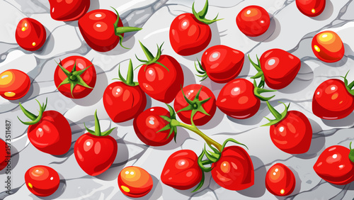Small organic cherry tomatoes, red and shiny, scatter playfully over a marble table, their juicy texture and vibrant hue perfect for bright, joyful vector scenes with healthy living themes.
