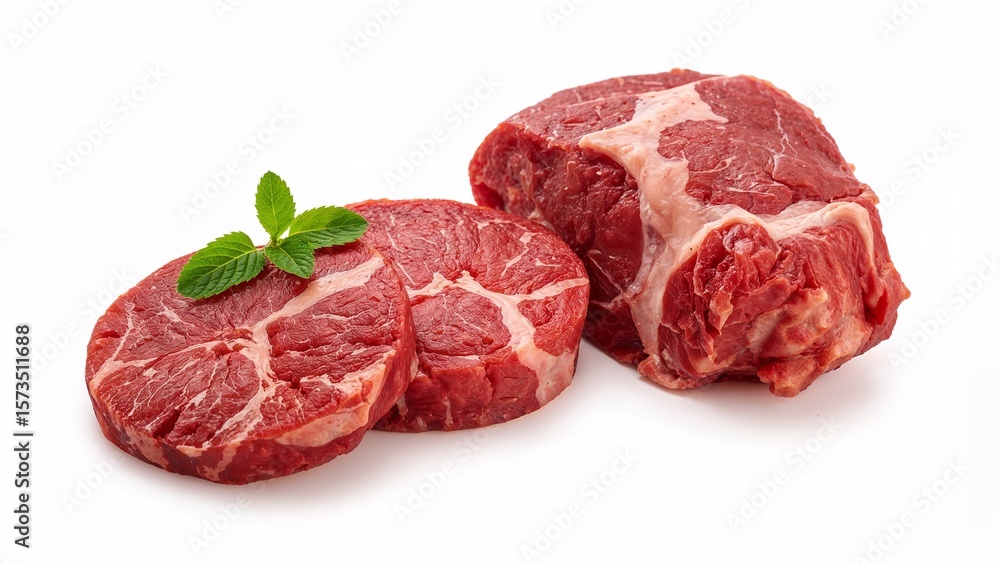 Fototapeta premium Fresh raw beef cuts with mint garnish