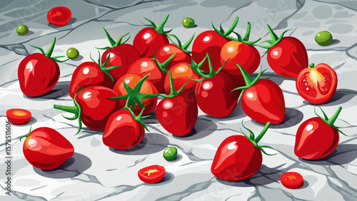 Small organic cherry tomatoes, red and shiny, scatter playfully over a marble table, their juicy texture and vibrant hue perfect for bright, joyful vector scenes with healthy living themes.