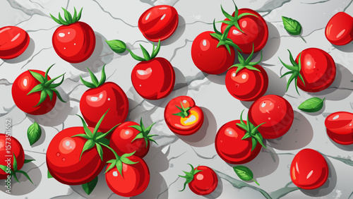 Small organic cherry tomatoes, red and shiny, scatter playfully over a marble table, their juicy texture and vibrant hue perfect for bright, joyful vector scenes with healthy living themes.