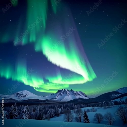 winter landscape with mountains aurora