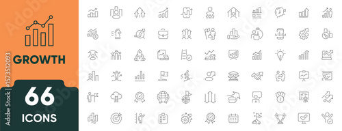 Business Growth Line Icon Set. Features icons of upward graph, ROI, strategy, success, analytics, market expansion, and innovation. Perfect for startups, finance, and marketing.