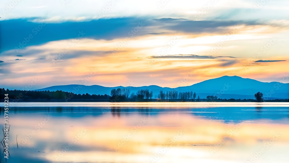 Obraz premium A tranquil lake reflecting a vibrant sunset with distant mountains and trees line