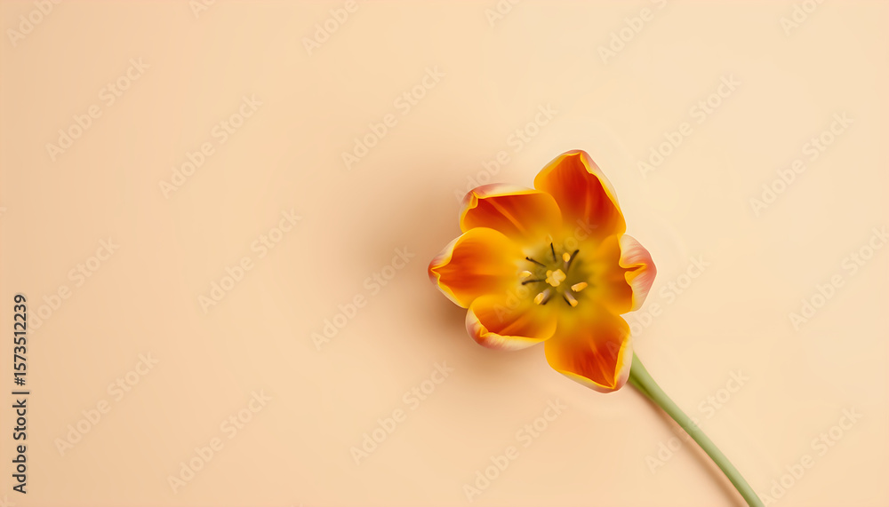 Naklejka premium Single tulip flower viewed from above on a beige background with soft lighting.
