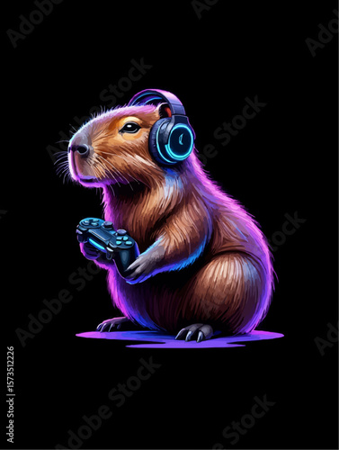 A capybara wearing a gaming headset and controller on a black background with neon lights 