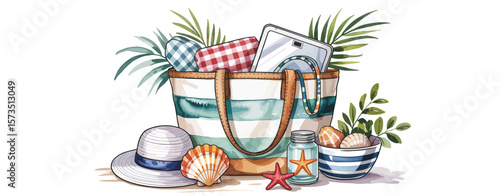 Beach Bag with Picnic Items and Accessories