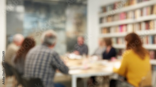 People seated at table with bookshelf