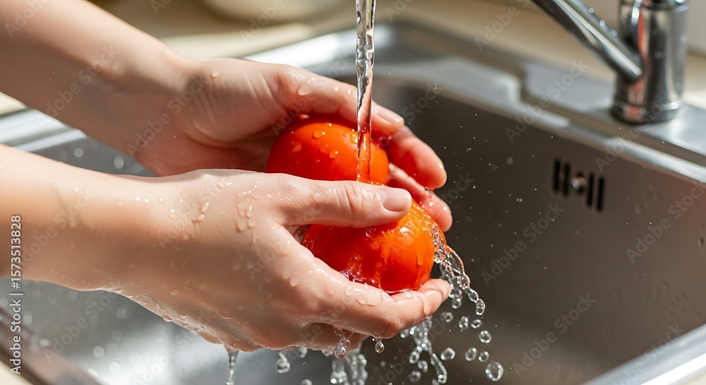 Fototapeta premium Washing Fresh Tomatoes A Simple Guide to Food Preparation