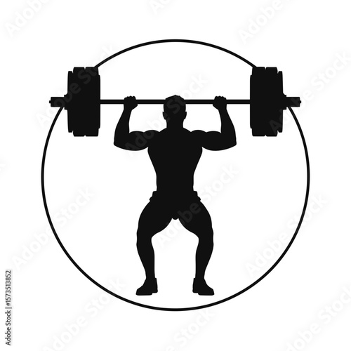 Silhouette of a weightlifter lifting a barbell overhead inside of a circle graphic element design