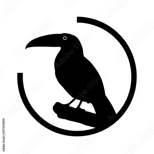 Toucan perched on a branch inside of a partial circle graphic representation in silhouette style design
