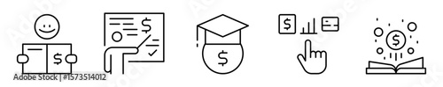Conjunto de iconos de educación financiera. Aprendizaje y comprensión. Estudiar, enseñar, formación académica, toma de decisiones y contenido educativo. Ilustración vectorial