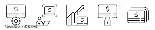 Conjunto de iconos de gestión de tarjetas. Control y uso. Configuración, escaneo digital, pago, seguridad y organización. Ilustración vectorial 
