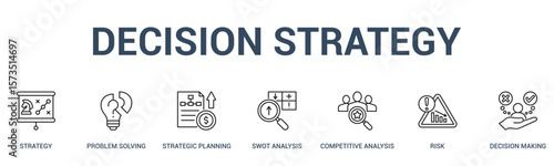 DECISION STRATEGY banner web icon vector illustration concept for business with icon of strategy, problem solving, strategic planning, swot analysis, competitive analysis, risk, decision .