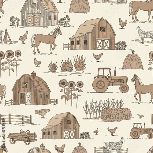 Seamless Farm Toile Pattern - Rustic Barns, Animals & Crops - Warm Burlap Hand-Drawn Line Art - Textile & Fabric Design