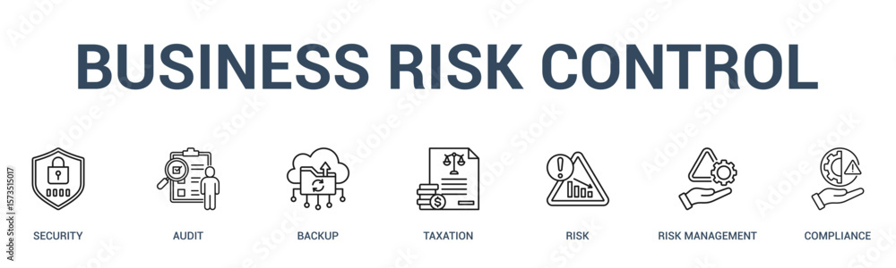 BUSINESS RISK CONTROL banner web icon vector illustration concept for business with icon of security, audit, backup, taxation, risk, risk management. BUSINESS RISK CONTROL banner web icon vector illustration concept for business with icon of security, audit, backup, taxation, risk, risk management.
