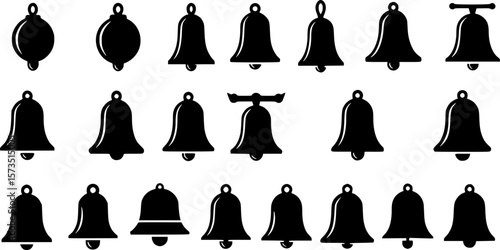 Collection of black and white silhouette illustrations of various bell shapes
