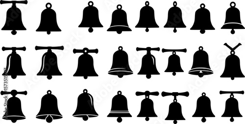 Collection of black and white silhouette illustrations of various bell shapes
