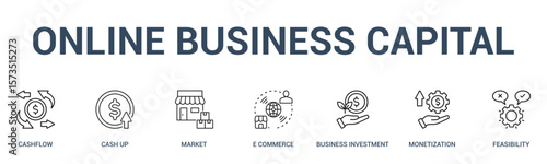 Online Business Capital banner web icon vector illustration concept for digital finance setup with an icon of a CASHFLOW, CASH UP, MARKET, E COMMERCE, BUSINESS INVESTMENT, MONETIZATION, FEASIBILITY.