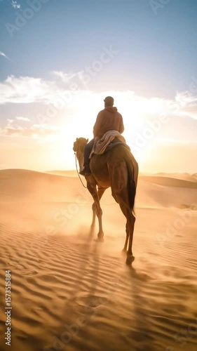 Camel ride in desert, back view