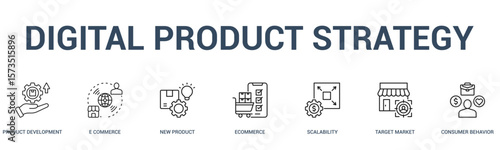 DIGITAL PRODUCT STRATEGY banner web icon vector illustration concept for business with icon of product development, e commerce, new product, ecommerce, scalability, target market, consumer .