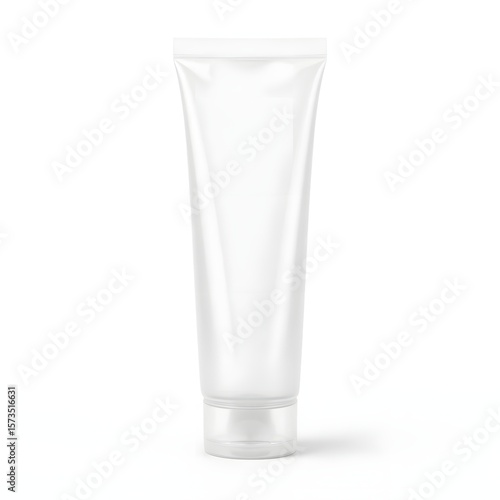 A clear plastic squeeze tube with a transparent cap on a white background in a studio shot style