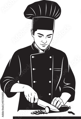 Chef in uniform slicing vegetables on cutting board
