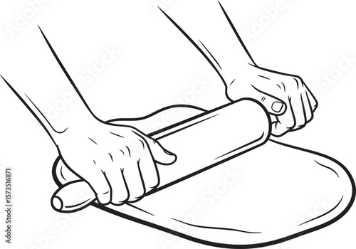 Hands rolling dough with rolling pin on pastry board