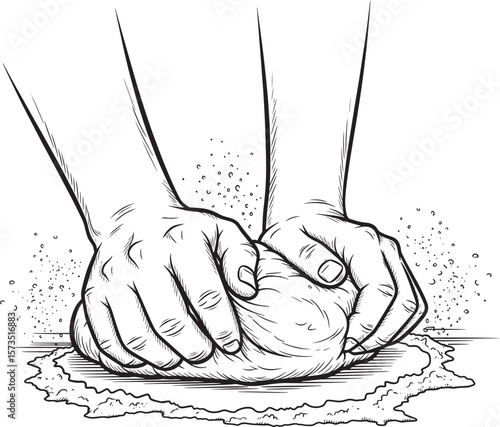 Hands Kneading Dough Black Ink Sketch bread baking