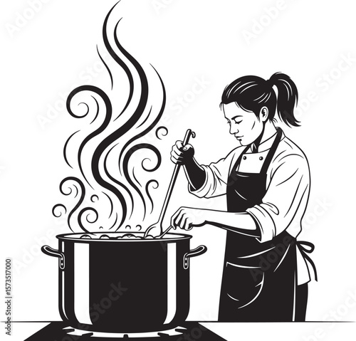 Woman Chef Cooking in Large Pot with Steam Black and White Illustration
