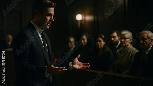 Advocate's Plea in Courtroom: A poised legal representative passionately advocates for justice, addressing the attentive jury with conviction and expertise.