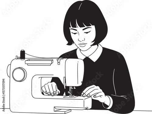 Woman with bob haircut sewing using a sewing machine