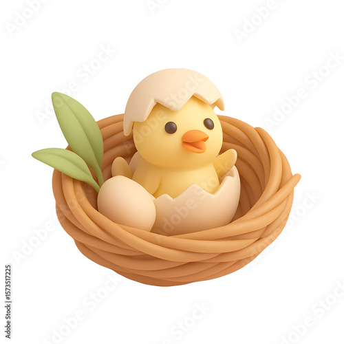 
3D Baby Chick Hatching in Nest Illustration

