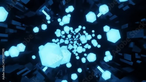 Abstract sci-fi tunnel with blue glowing shapes and black background  