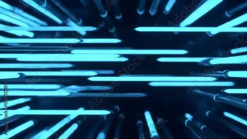 Abstract sci-fi tunnel with blue light and glowing lines in motion  