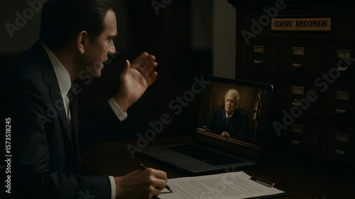 Virtual Legal Proceedings: A serious attorney engaging in a remote court session, illuminated by the soft glow of a laptop screen, symbolizes justice and the evolving landscape of legal practice.