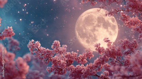 Blossoming branches with a full moon and starry sky, pink & blue shades