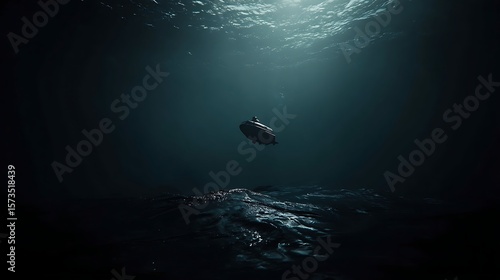 Submerged vessel, deep ocean, dramatic light