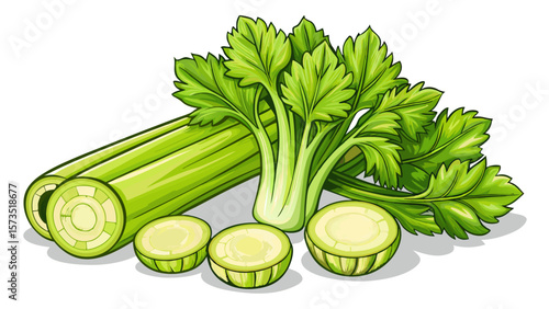 Clean organic celery stalks with leafy tops rest beside sliced rounds in a crisp, refreshing layout perfect for healthy snack visuals and diet-related designs in modern kitchen compositions.
