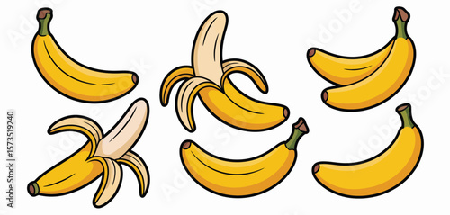 Collection of stylized yellow bananas some peeled on a white background