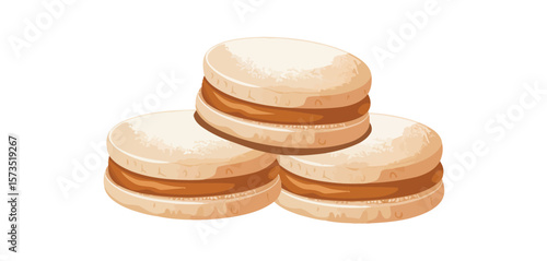 Three delicious alfajores cookies filled with dulce de leche stacked together