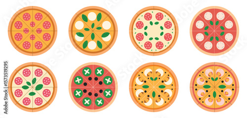 Collection of eight different delicious pizzas with various toppings arranged in a grid