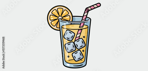 Refreshing iced beverage with orange slice and striped straw in a tall glass