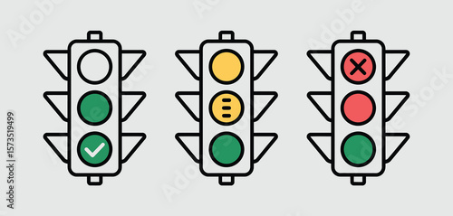 Three traffic lights showing different signals with a checkmark and an x symbol
