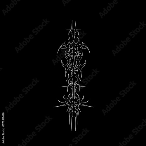 Neo tribal spine tattoo design in sharp, detailed, and edgy, symmetrical shapes. suitable for cyber sigilism tattoo, apparel prints, and gothic style graphics