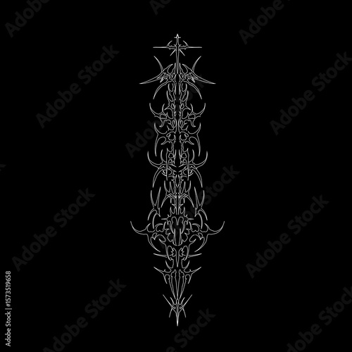 Neo tribal spine tattoo design in sharp, detailed, and edgy, symmetrical shapes. suitable for cyber sigilism tattoo, apparel prints, and gothic style graphics