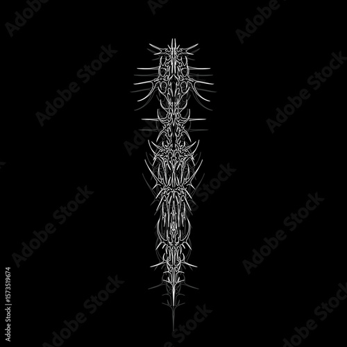 Neo tribal spine tattoo design in sharp, detailed, and edgy, symmetrical shapes. suitable for cyber sigilism tattoo, apparel prints, and gothic style graphics