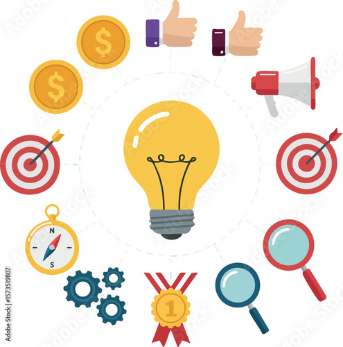 Light bulb surrounded by icons of success, money, and communication for business concepts